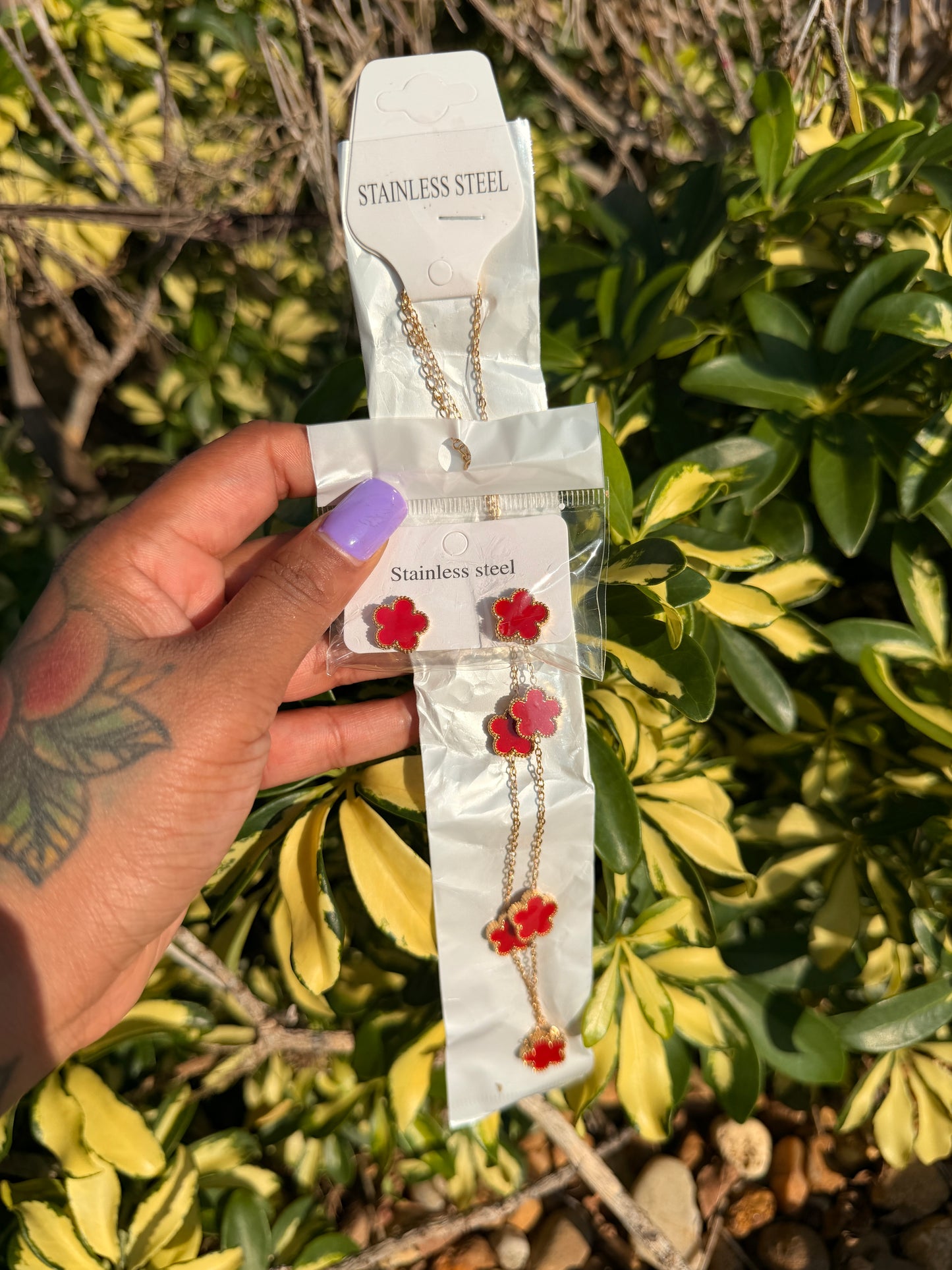(2 )Bundle Clover Necklace Earring Set for Women 18k Gold Plated Stainless Steel Four Leaf Clover Jewelry Set