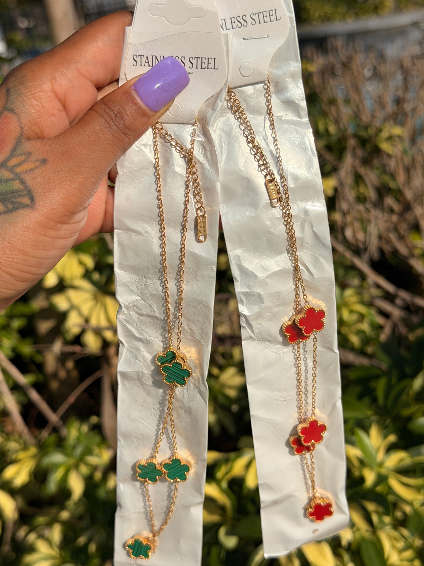 (2 )Bundle Clover Necklace Earring Set for Women 18k Gold Plated Stainless Steel Four Leaf Clover Jewelry Set